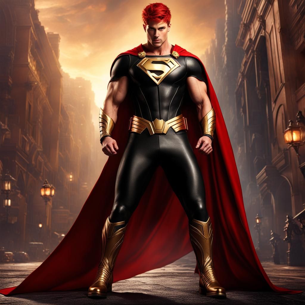 Red-Haired Superhero in Golden Suit, Detailed Fantasy Art