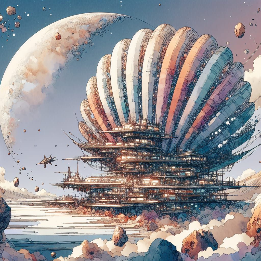 Surreal Cosmic Seashell Habitat in Watercolor Style