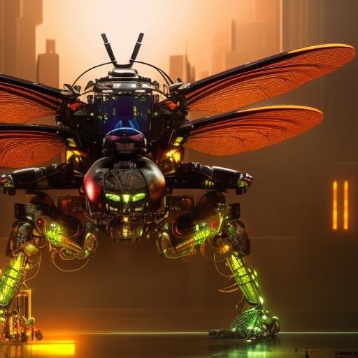 Dark Cyberpunk Mechanical Dragonfly in Neon Colors by John B...