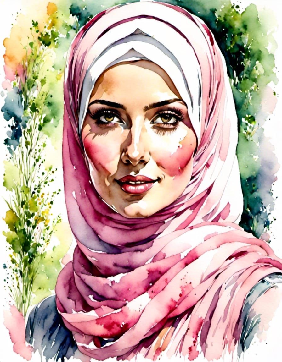 Watercolor Portrait of Hijabi Woman in Park
