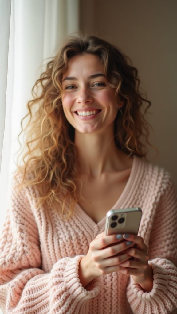 Smiling Woman with Smartphone in Dreamy Pastel Art