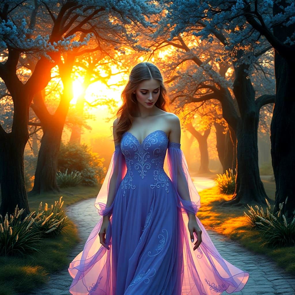 Woman in Purple Dress Walks into Sunrise: Fantasy Art