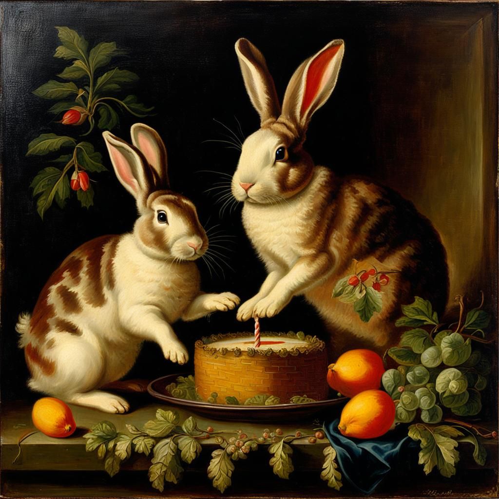 Hoppy Birthday Bunny in 18th Century Oil Painting