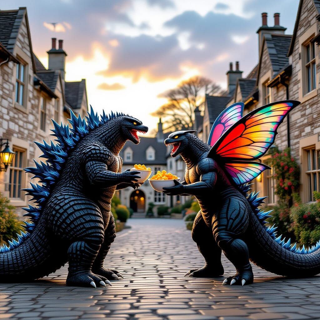 Godzilla and Mothra Battle for Fish & Chips in Bibury