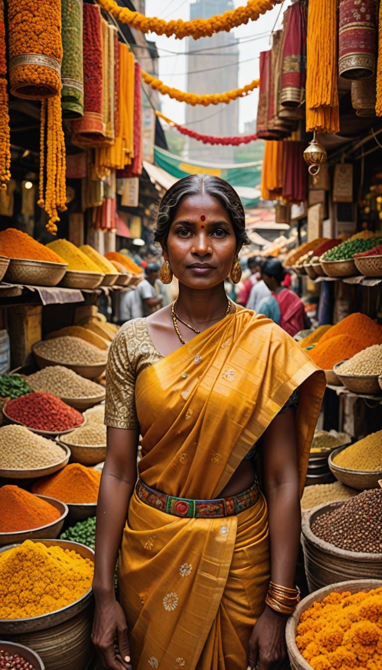 Curvy Woman in Mumbai Market: Impasto Expressionism