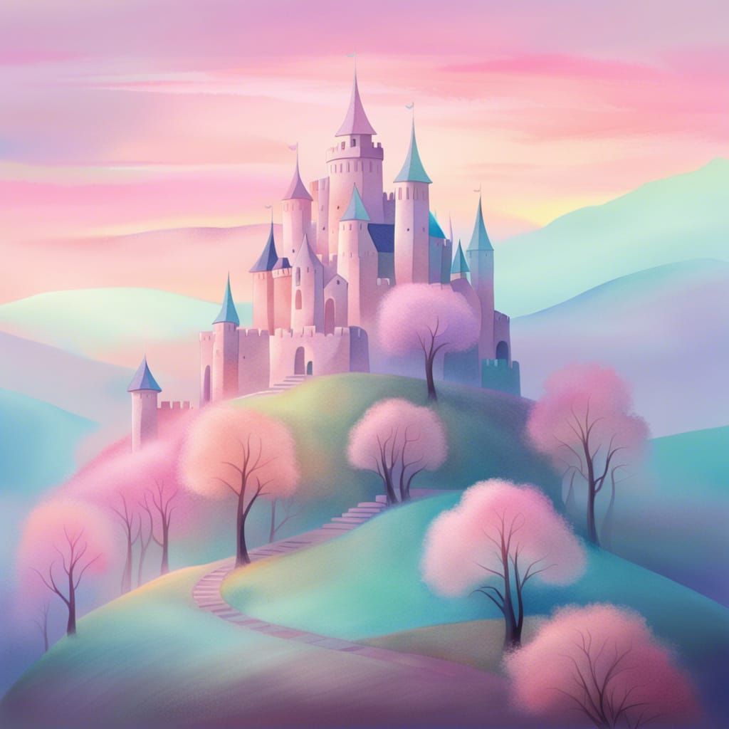 Fantasy Pastel Castle on a Misty Hillside