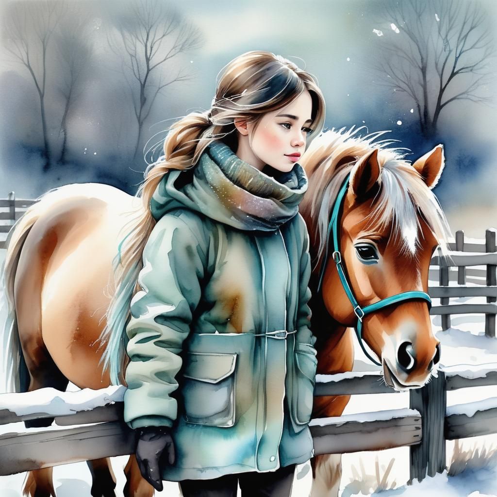 Girl Pets Pony in Winter Watercolor Landscape