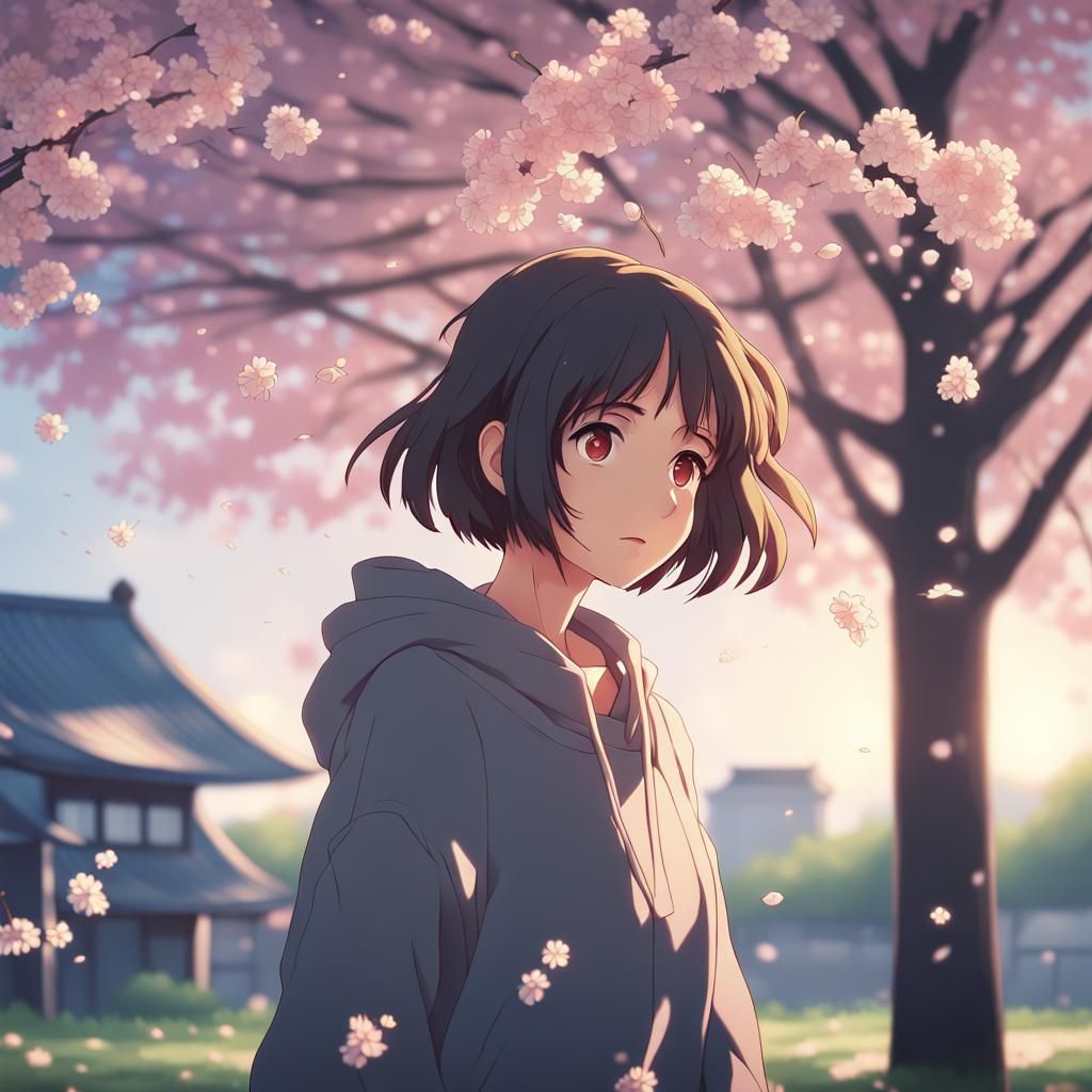 Anime Girl in Cherry Blossom Garden, Ghibli Style