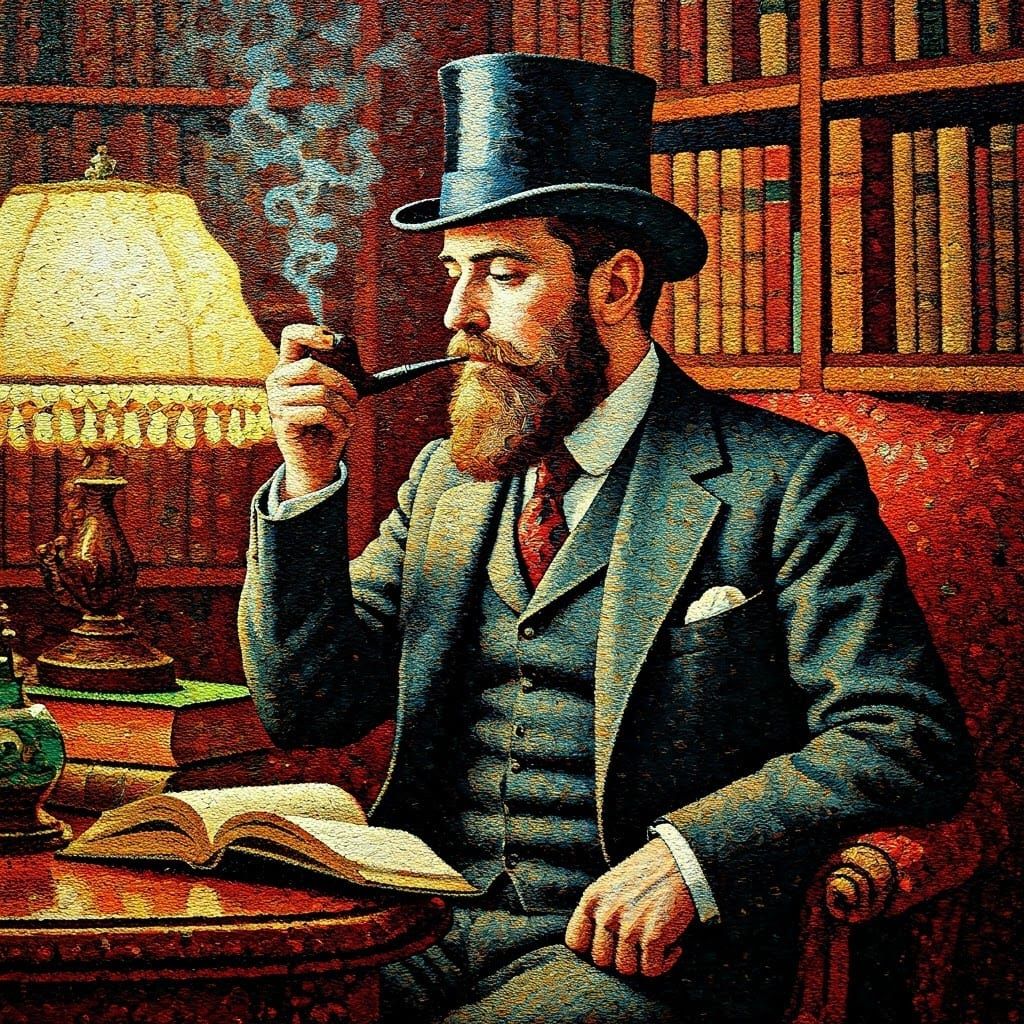 Pointillist Gentleman Smoking Pipe in Cozy Study