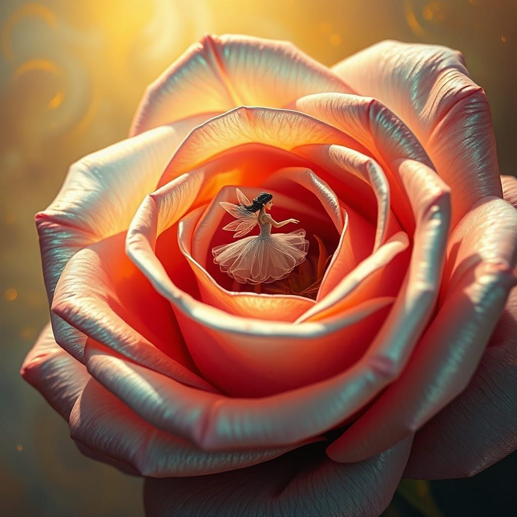 Fairy Ballerina Dancing in Shimmering Rose, Surreal Macro