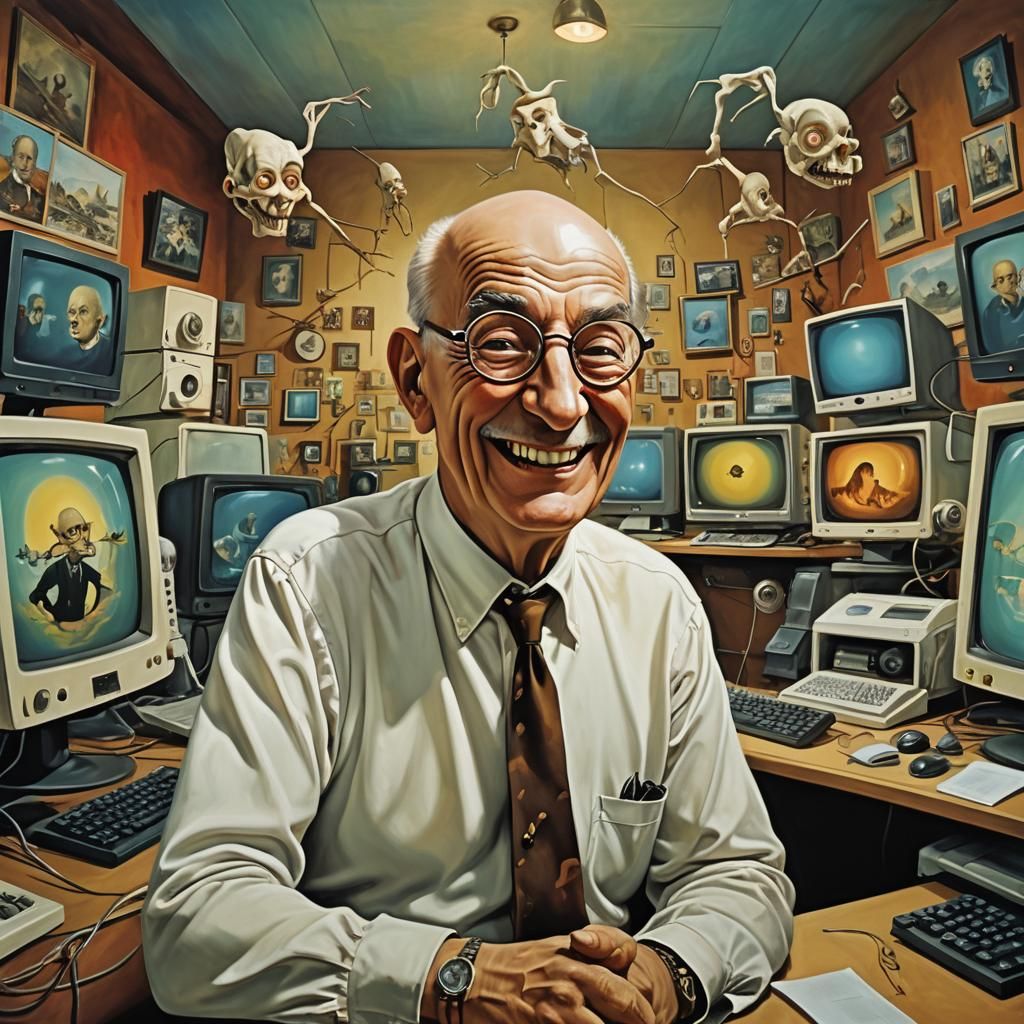 Surreal Portrait: Old Man with Computers in Digital Art Styl...
