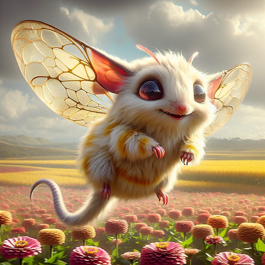 Bee-Mouse Creature Flying Over Zinnias, Matte Painting