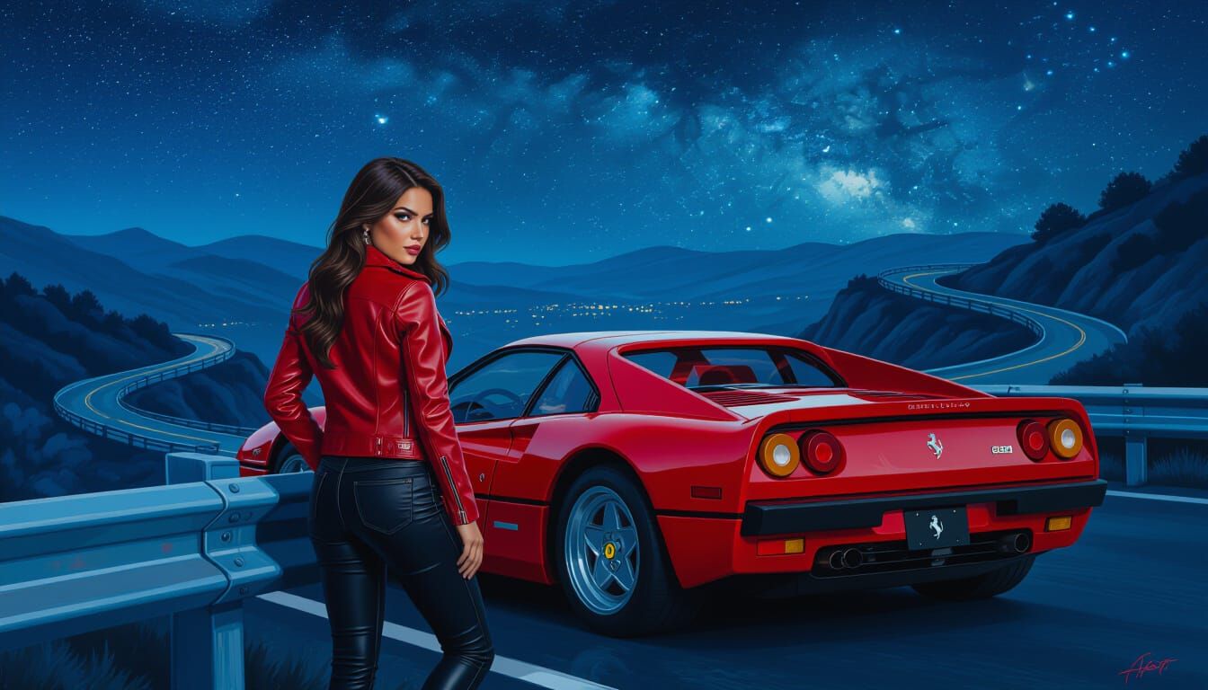 Woman Poses With Ferrari Under Starry Night Sky