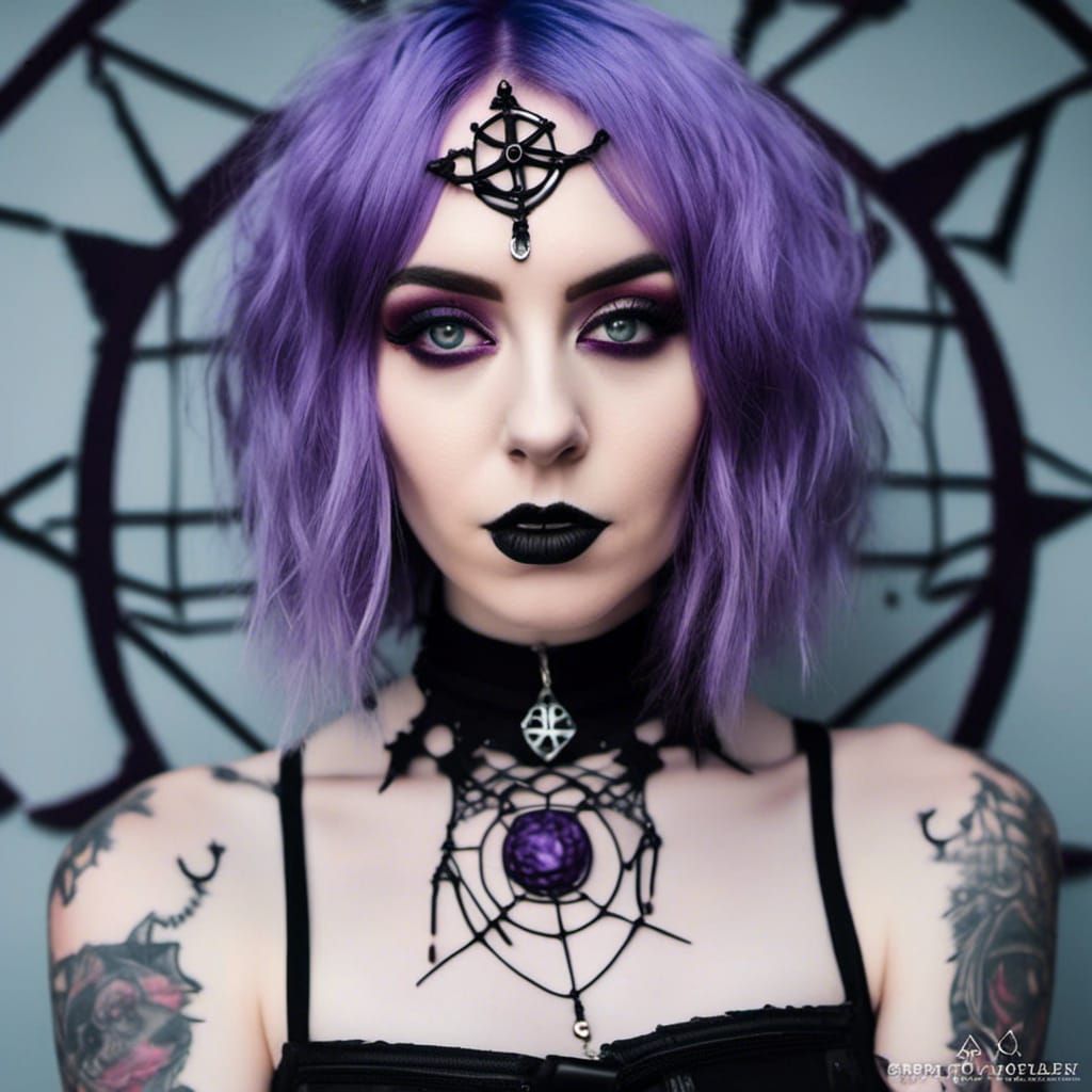 Gothic Cyberpunk Woman with Purple Hair and Tattoos
