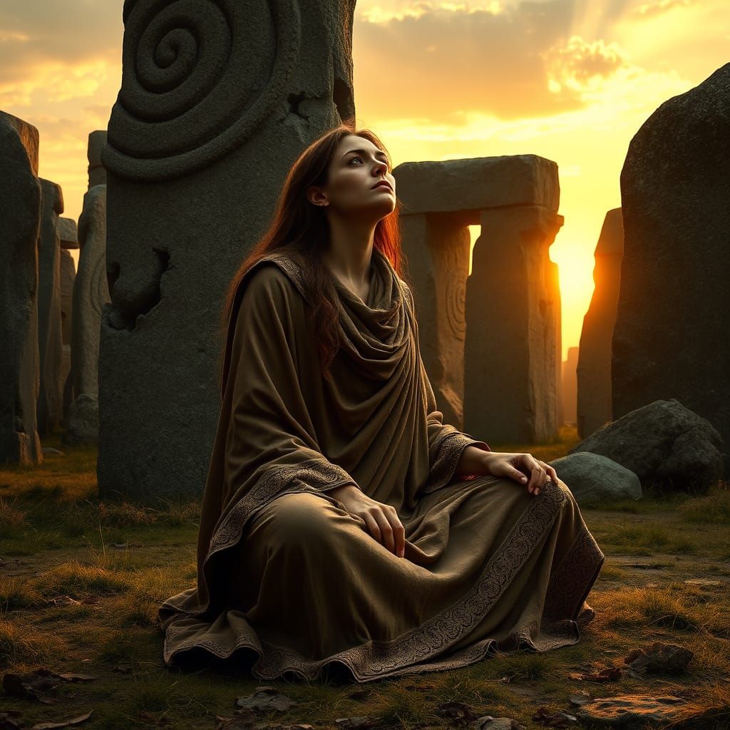 Ancient High Priestess Meditates Amidst Sacred Megaliths