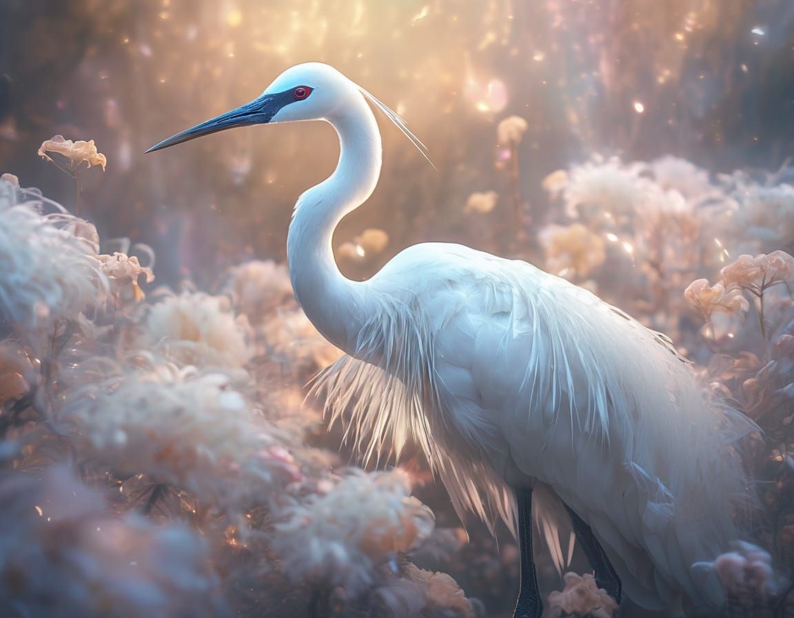 Ethereal Crane with Bioluminescent Flowers