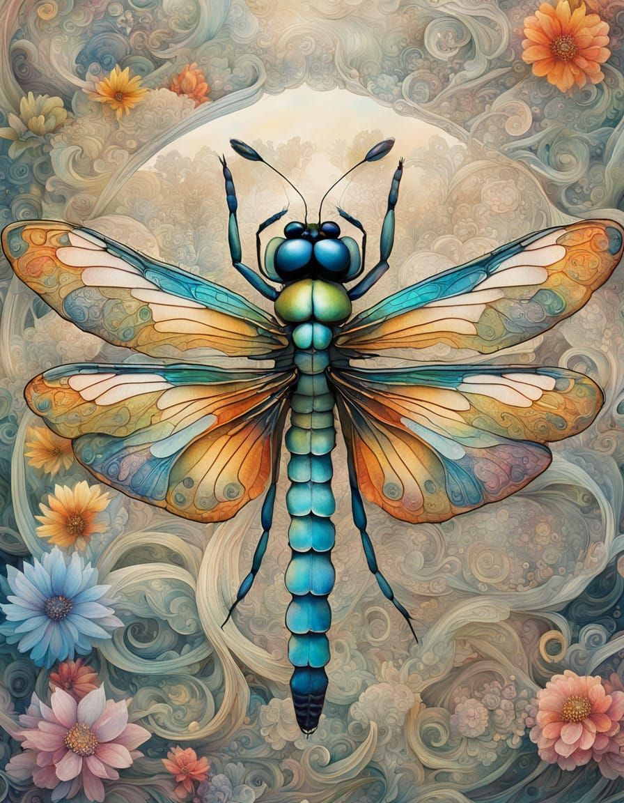 Whimsical Dragonfly in Iridescent Hues As Seen Through a Wat...