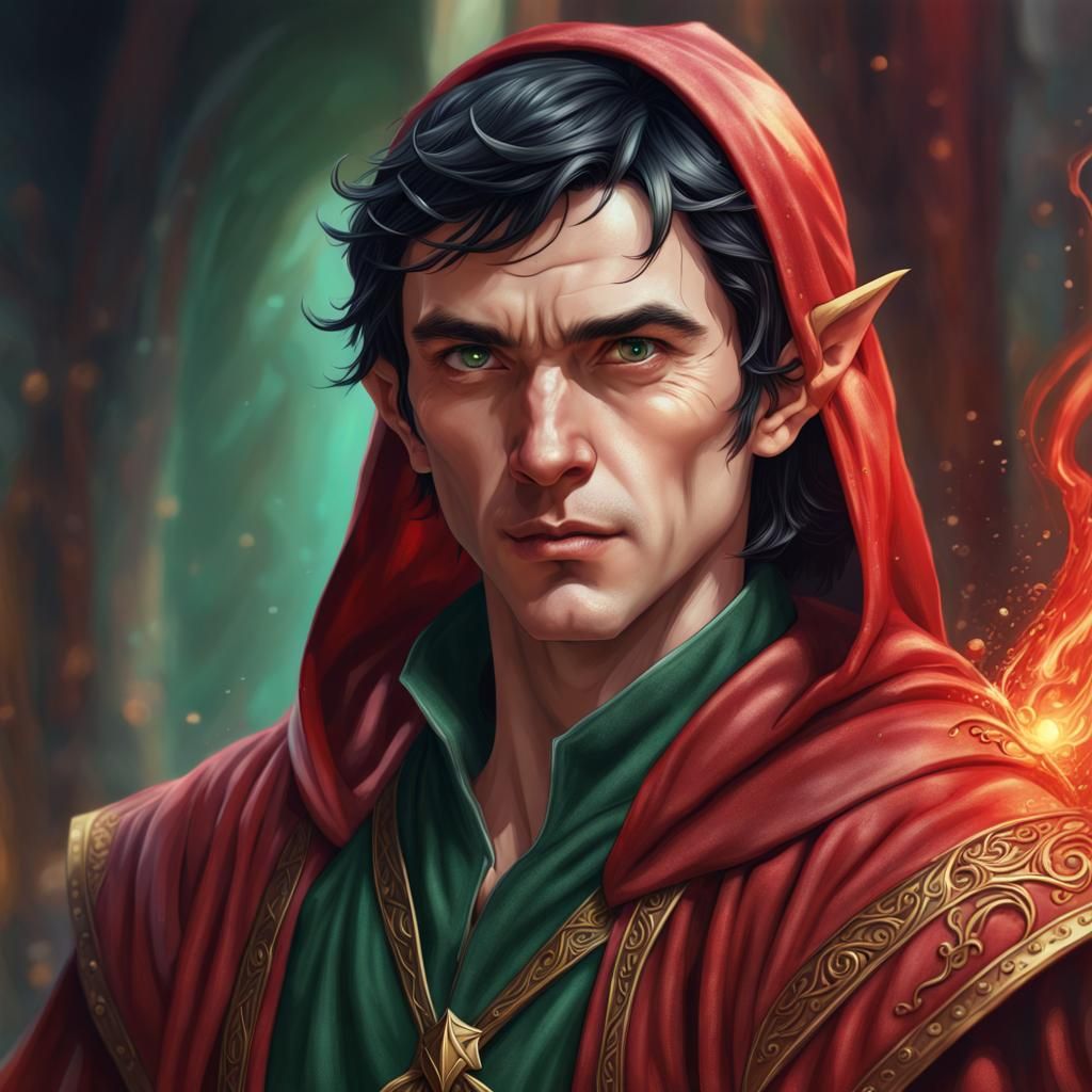Male Elf Wizard in Red Robes: Hyperrealistic Art