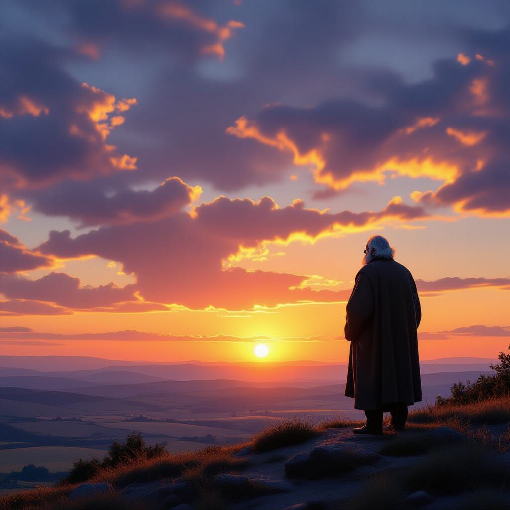 Wise Old Man Watches Dramatic Sunset in Matte Painting Style
