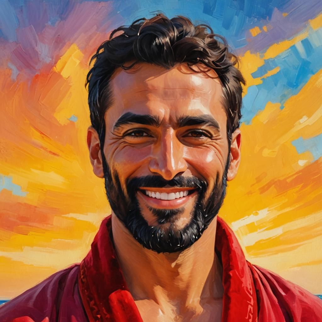 Joyful Man in Red: Impressionist Oil Portrait