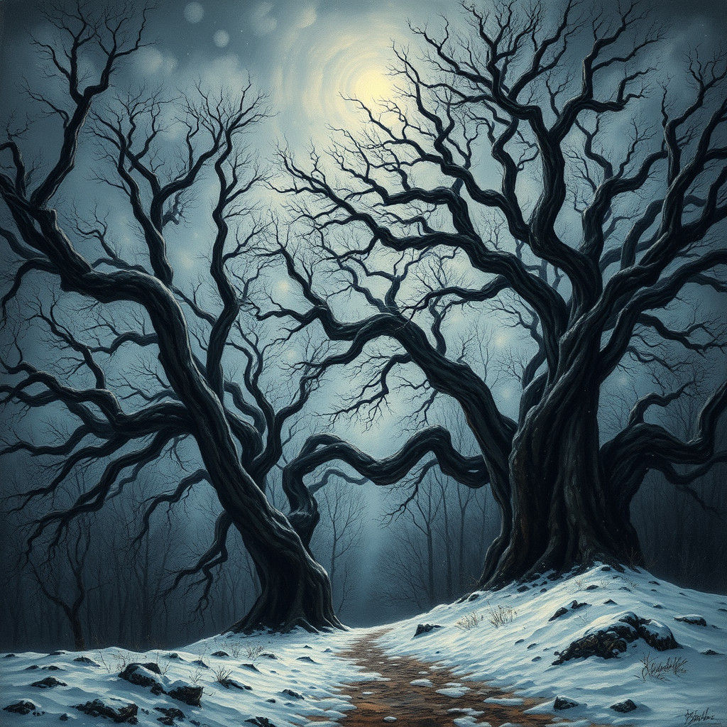Mystical Winter Landscape with Ancient Oaks: Impressionist S...