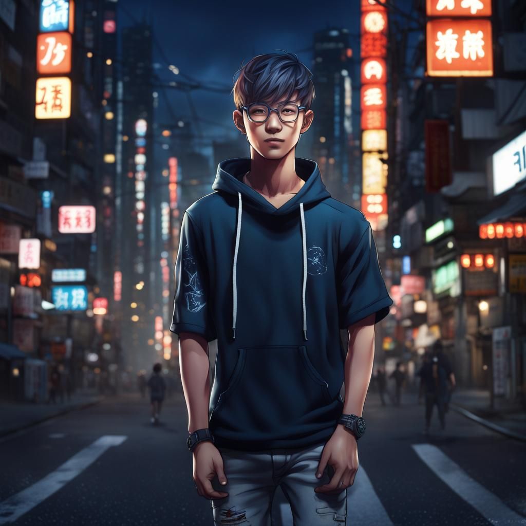 Asian Youth in Japan Night Cityscape