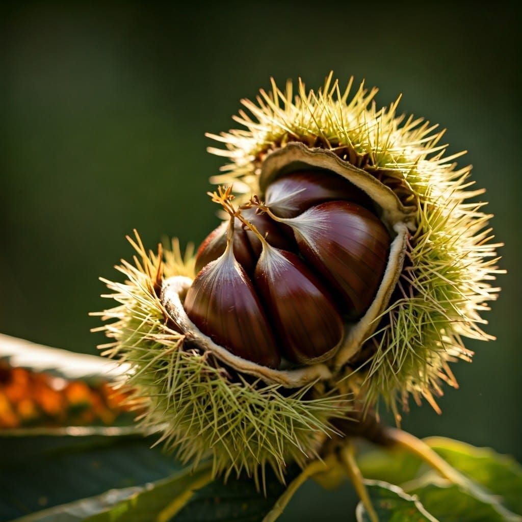 Chestnut Husk Revealing Chestnuts in Golden Light
