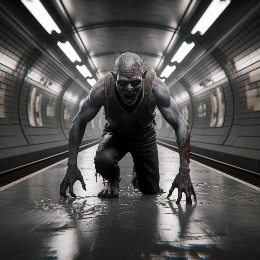 Realistic Zombie Ghoul Crawls Through Dark Subway Tunnel