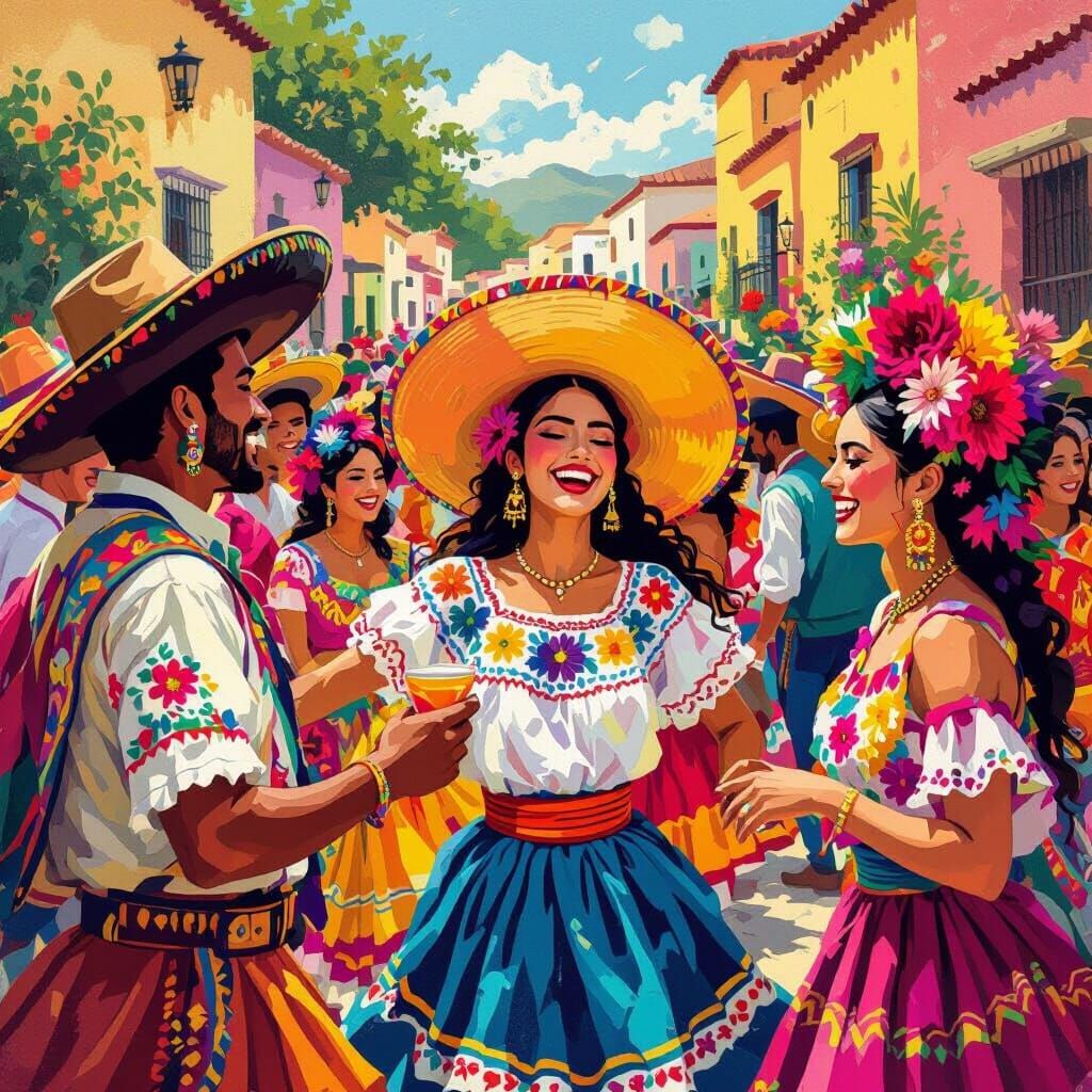 Vibrant Folk Art Fiesta in Colorful Mexican Costumes