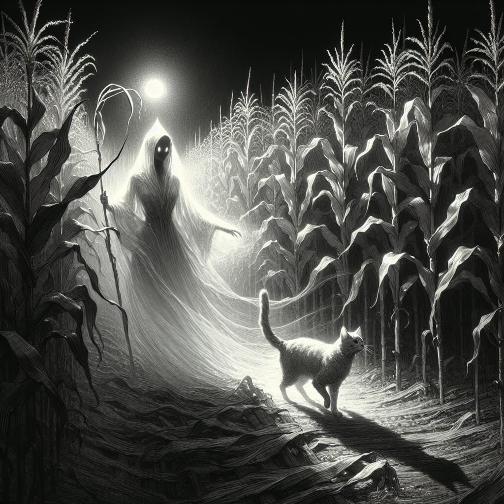 Spectral Entity and Feline in Cornfield at Night