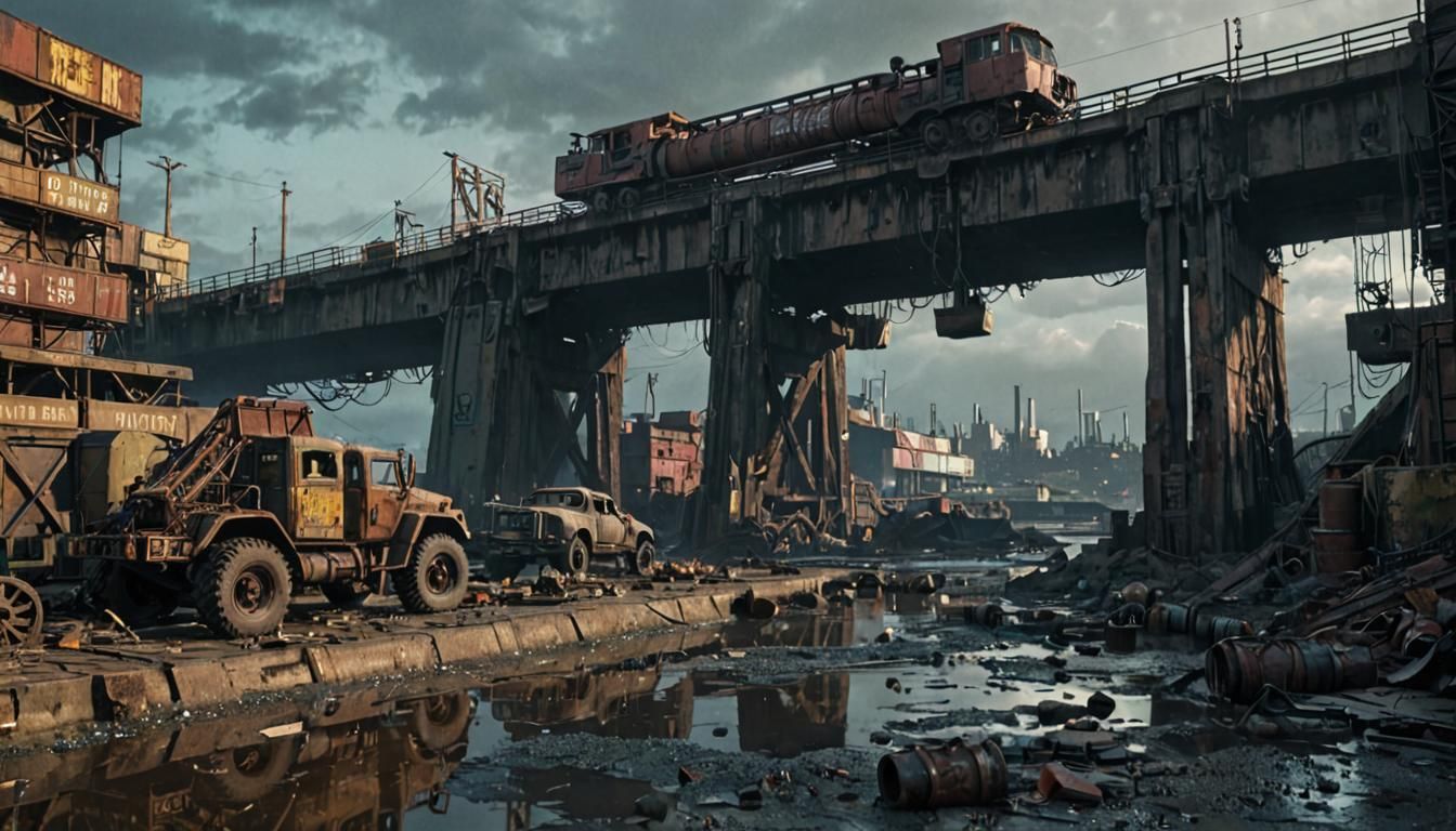 Dieselpunk Wrecking Truck on Ruined Bridge