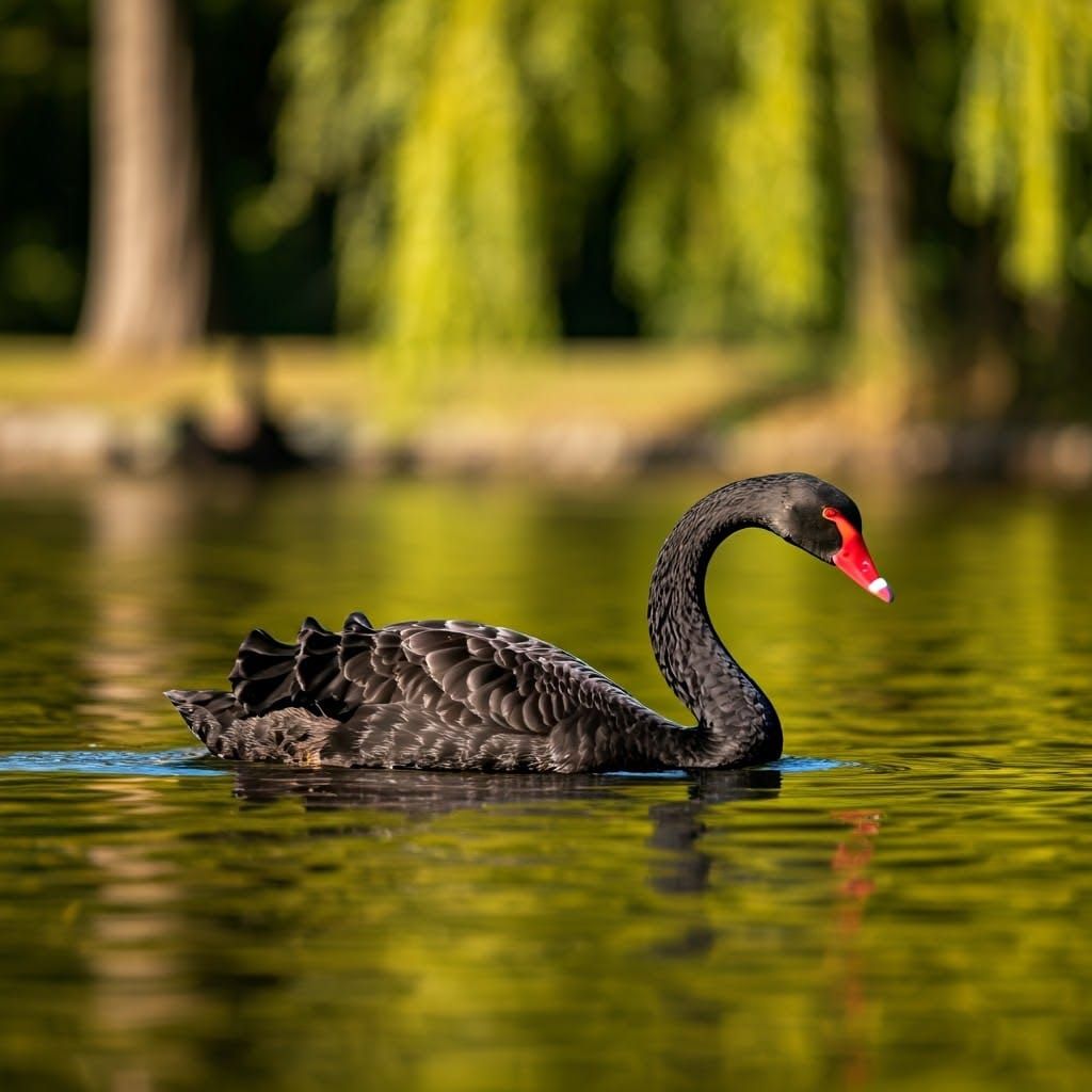 Black Swan Glides on Lake in Peter Lik Style