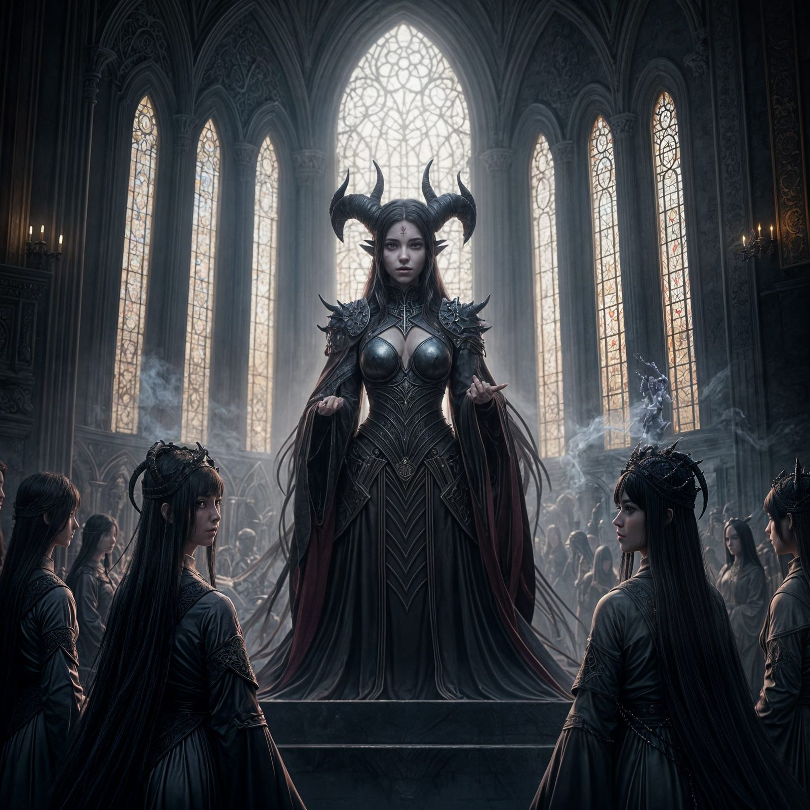 Friendly Demoness Preaching to Priestesses in Fantasy Temple