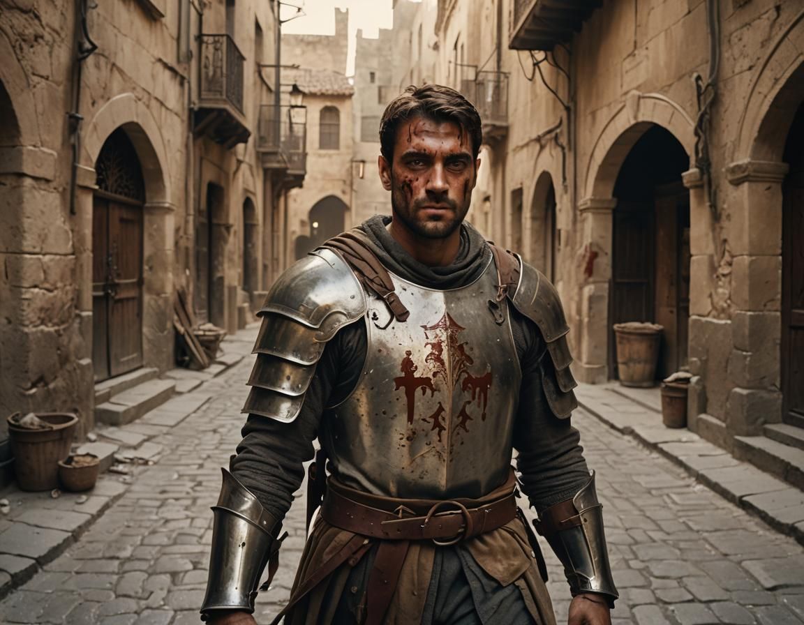 Crusader Knight in Arab Street: Cinematic Film Still