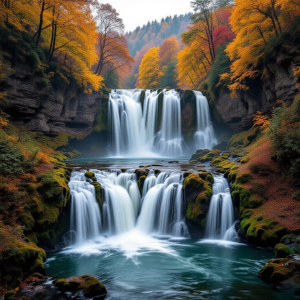 Realistic Autumn Waterfall Landscape