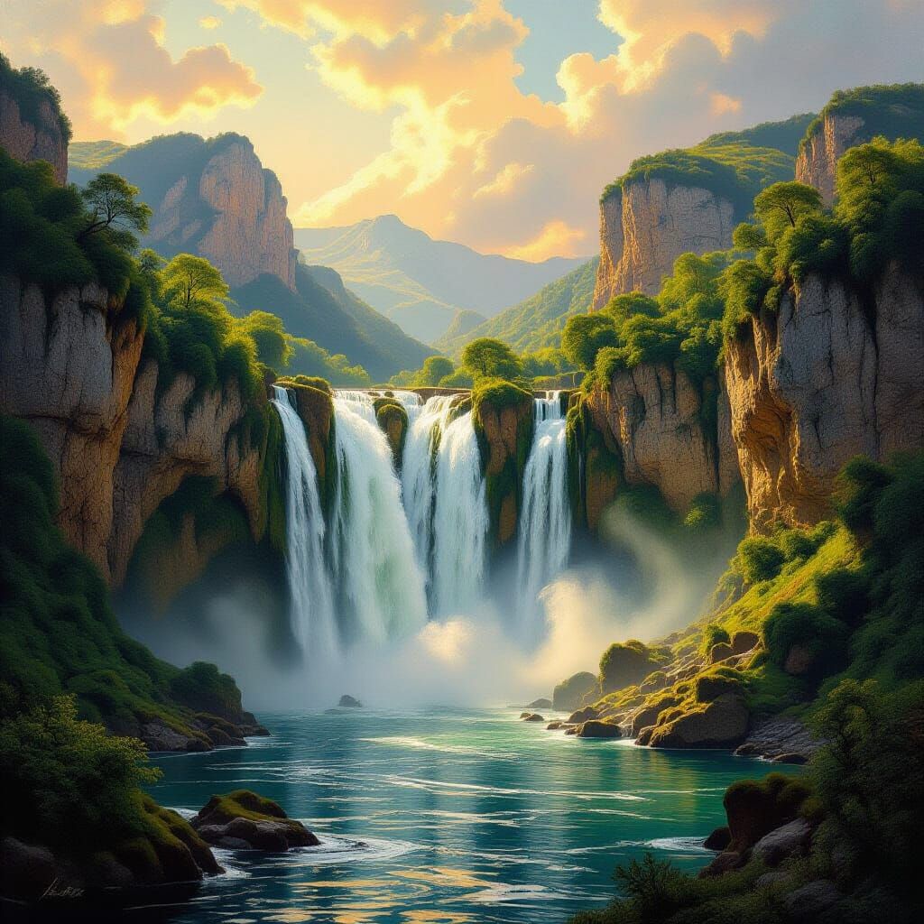 Majestic Waterfall in Italy: A Bierstadt-Style Landscape