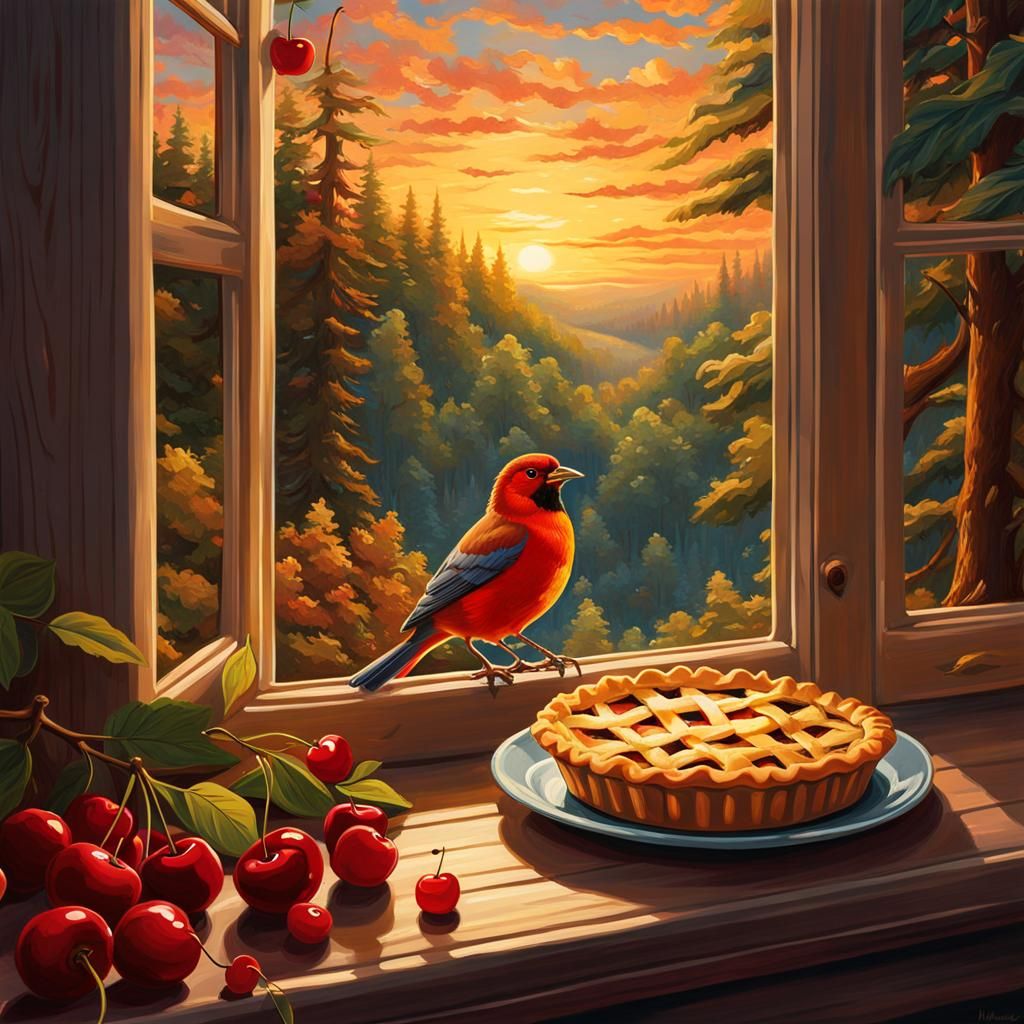Bird Steals Cherry Pie: Impressionistic Golden Hour Scene