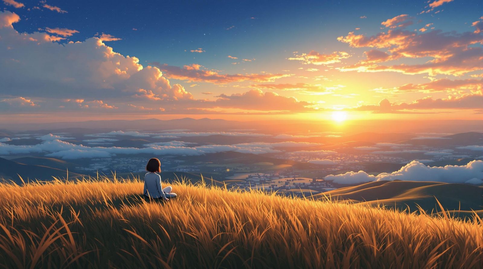 Golden Serenity: Anime Girl in Sunset Solitude