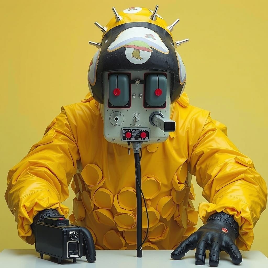 Surrealist Whimsy: Mushroom Flag Rises Amidst Chewing Gum Ca...