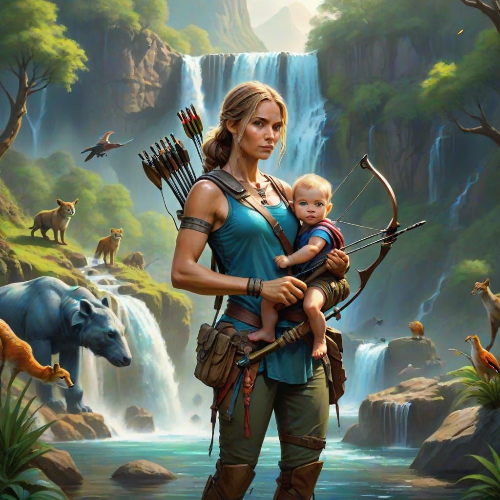 Fantasy Supermom in Triadic Colors with Wildlife and Waterfa...