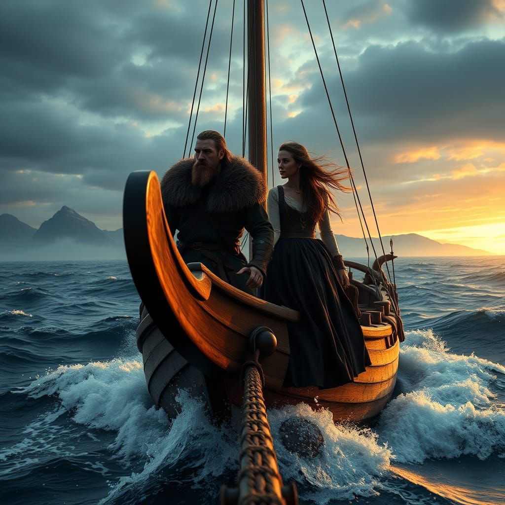 Viking Couple on Dragon Ship in Hyperrealistic Style