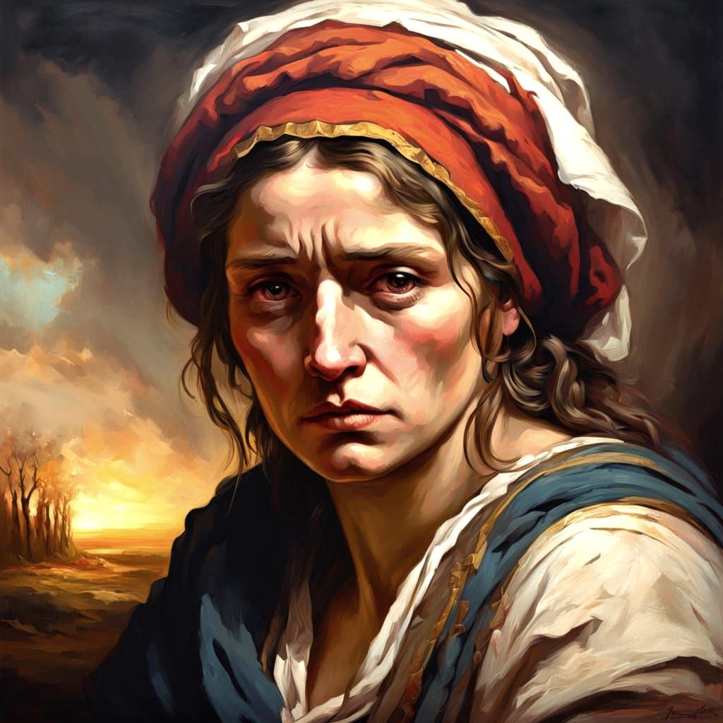 Sad Peasant Woman Oil Painting in Revolutionary Style