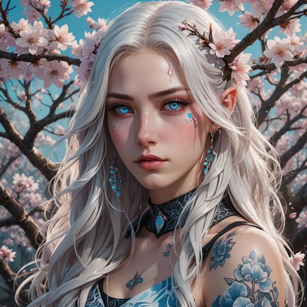 Sakura Tattoo Girl Portrait in Cyberpunk Style