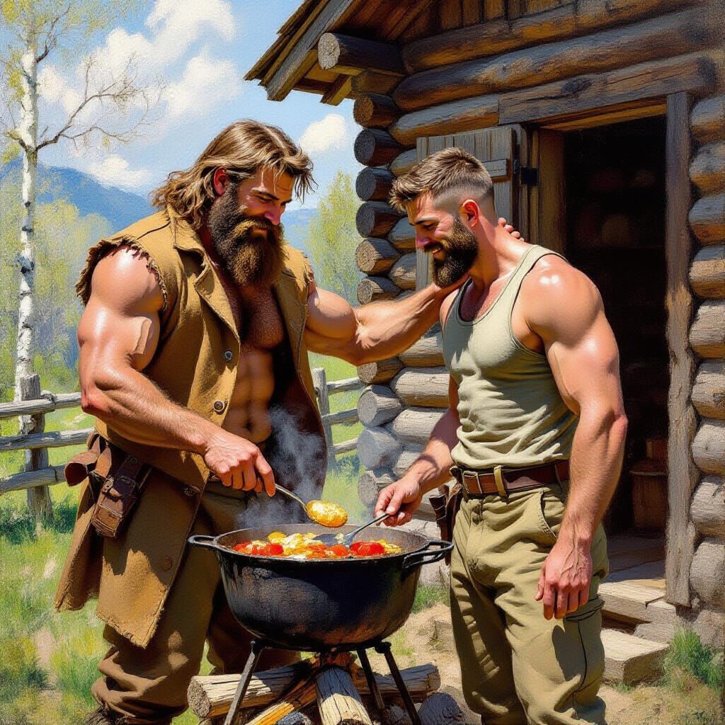 Impressionist Painting of Affectionate Men Cooking Outdoors