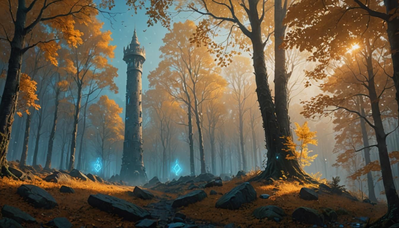 Mystical Tower in Forest Clearing, Fantasy Art