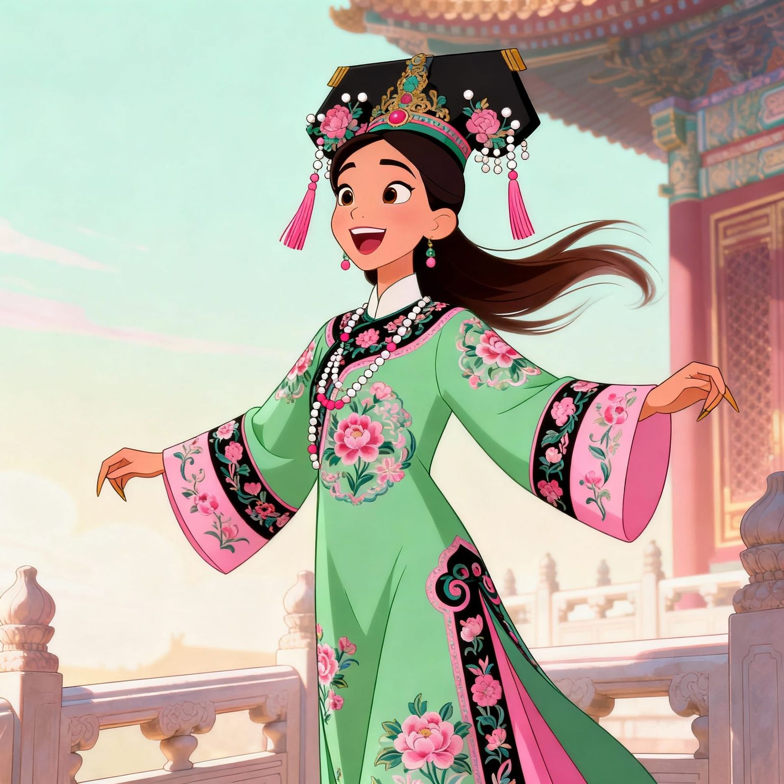 Joyful Empress Lin in Pastel Qing Dynasty Robe
