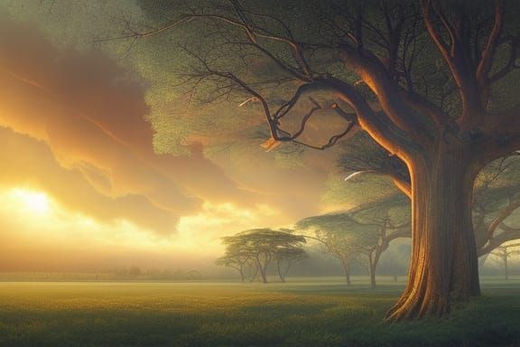 Savanna Acacia Trees Oil Painting with Storm Clouds