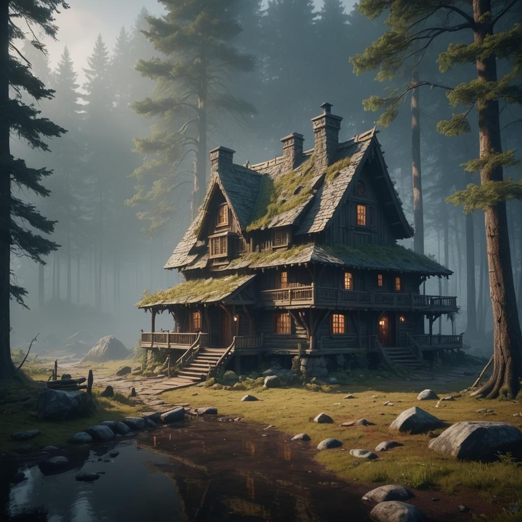 Foggy Morning Cabin with Circular Windows, Detailed Matte Pa...