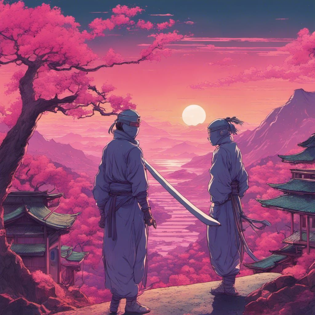 Ninjas in Synthwave Anime Landscape