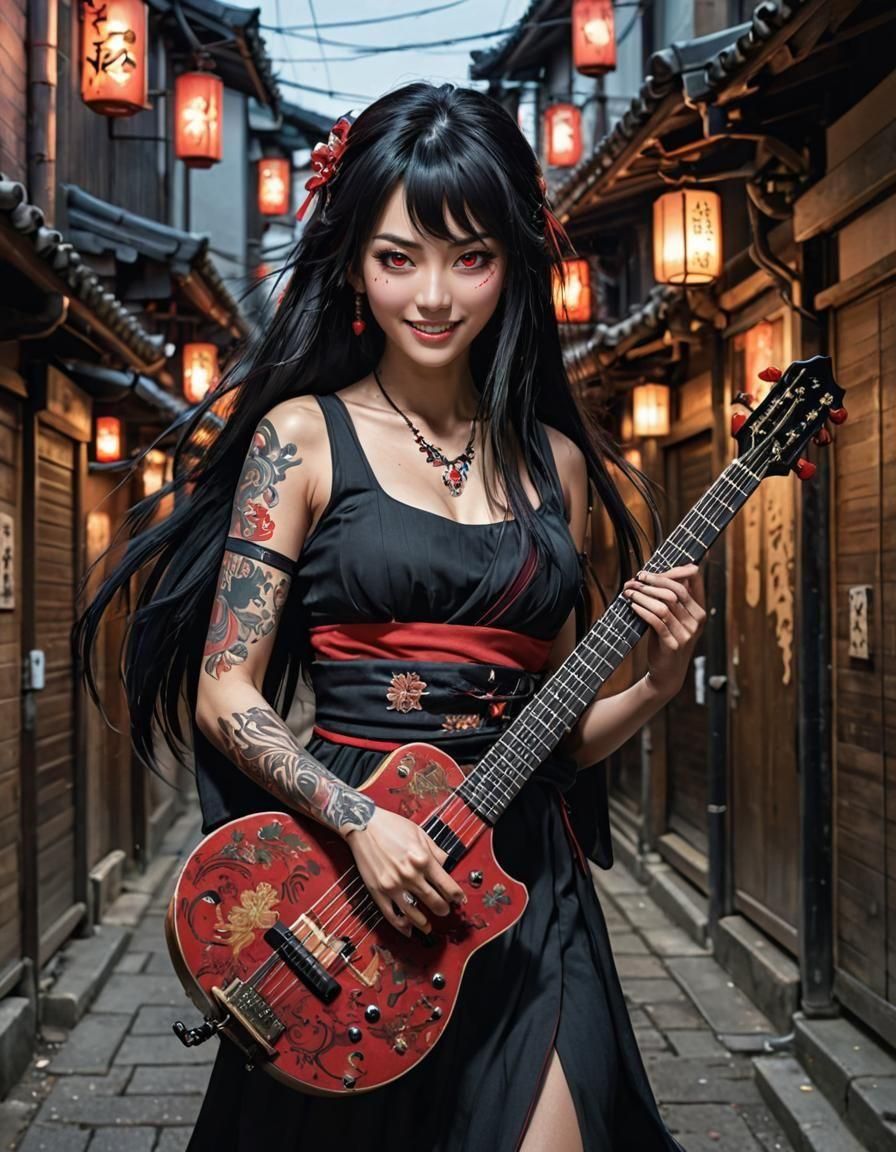 High-Contrast Anime Girl Playing Shamisen